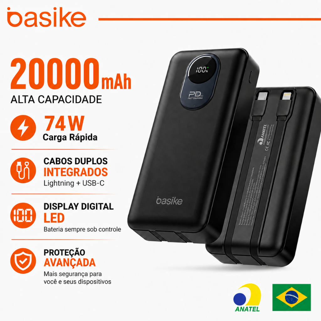 Basike Power Bank 20000mAh Carregador Portátil com Cabo Lightning Integrado Display LED USB-C 22.5W Carga Rápida