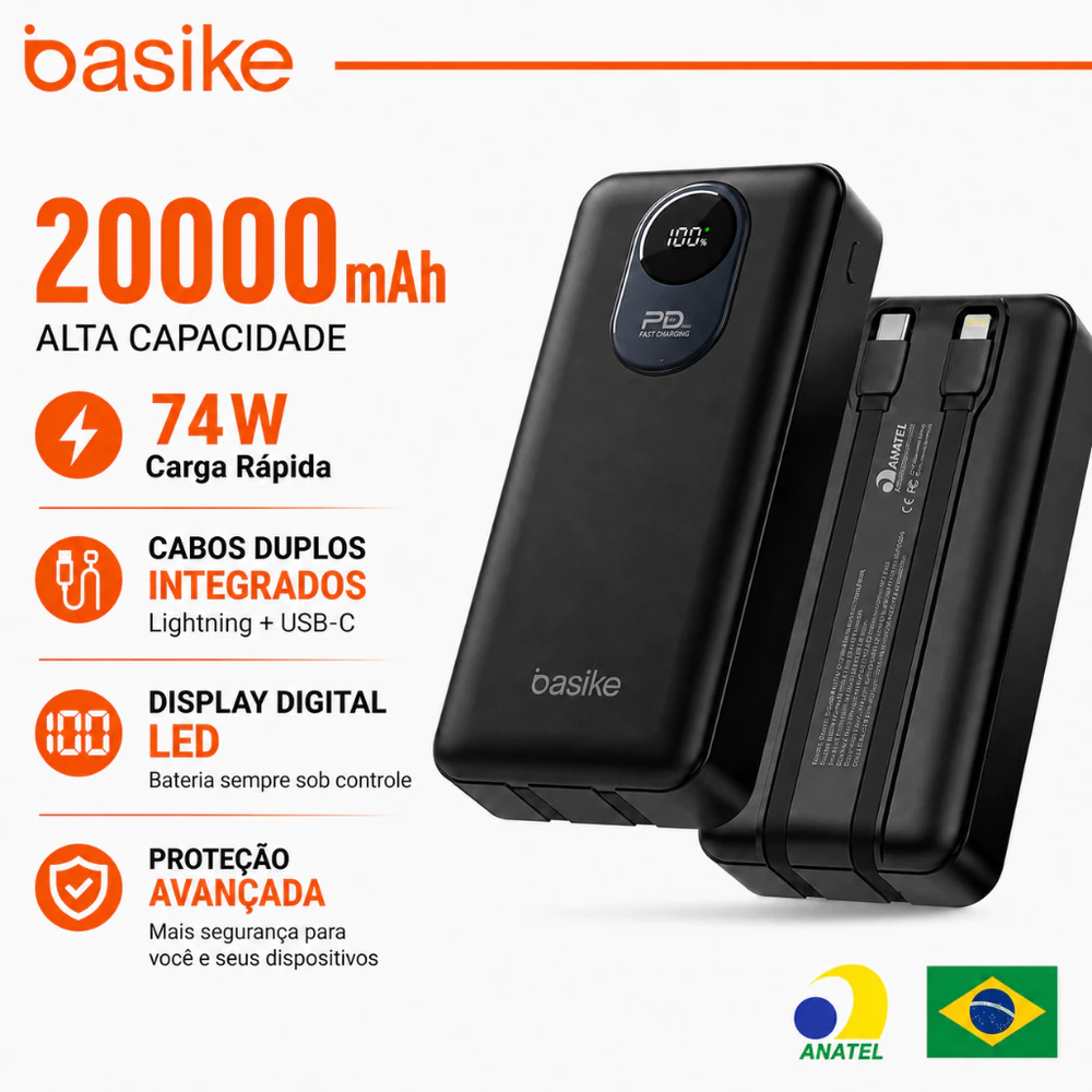 Basike Power Bank 20000mAh Carregador Portátil com Cabo Lightning Integrado Display LED USB-C 22.5W Carga Rápida