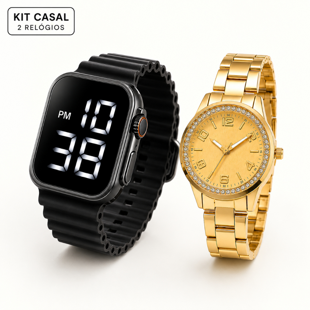 Kit Relógio Casal Presente Namorados Ele e Ela Masculino LED Digital + Feminino Dourado 2 Peças Aniversário