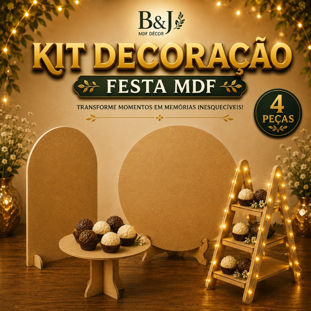 Kit Decoração Festa MDF Boleira Painel Redondo Romano Escada Estante