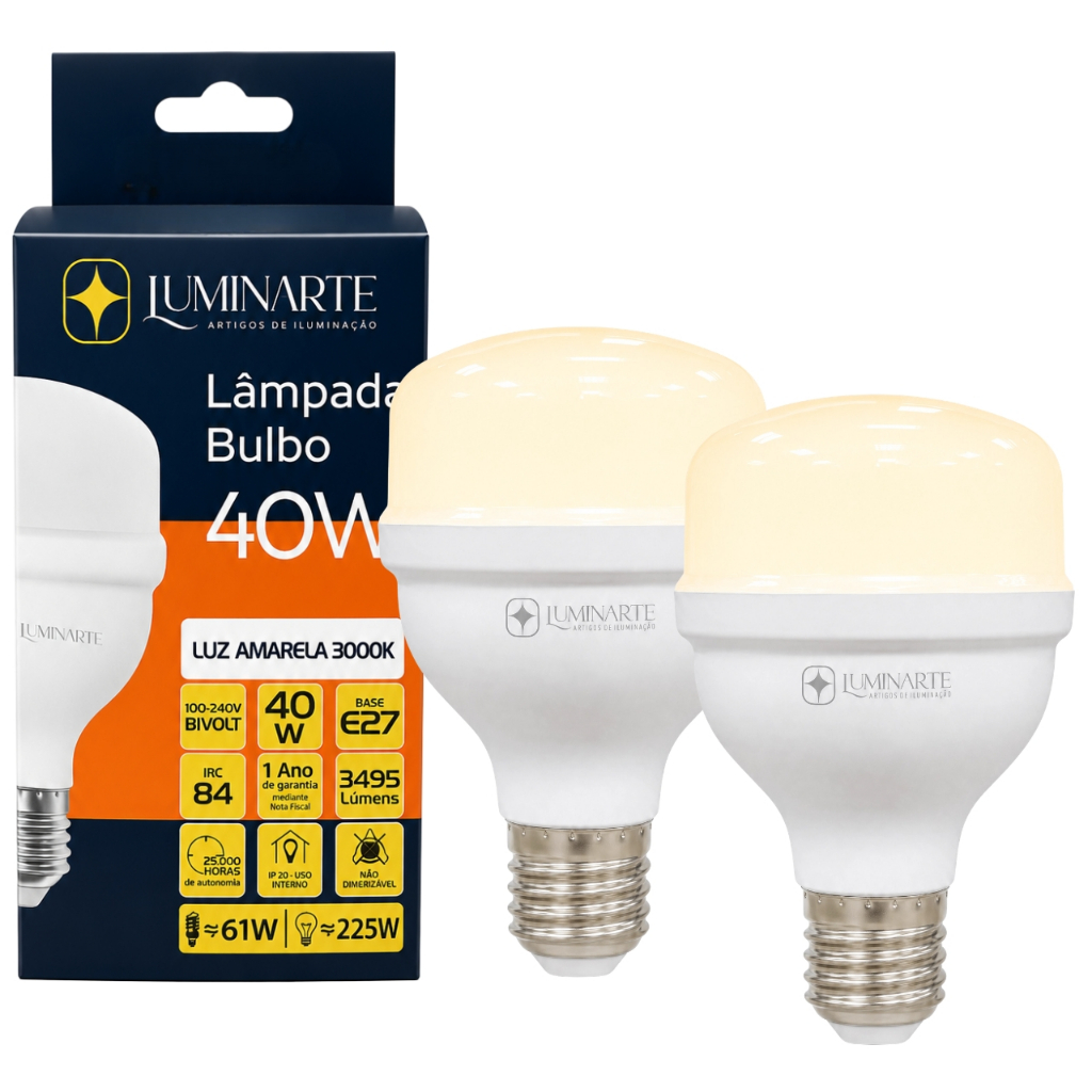 Kit 2 Lâmpadas Led 40W Bulbo 3000k Branco Quente(LUZ AMARELA) E27 Bivolt Inmetro Econômica-Luminarte