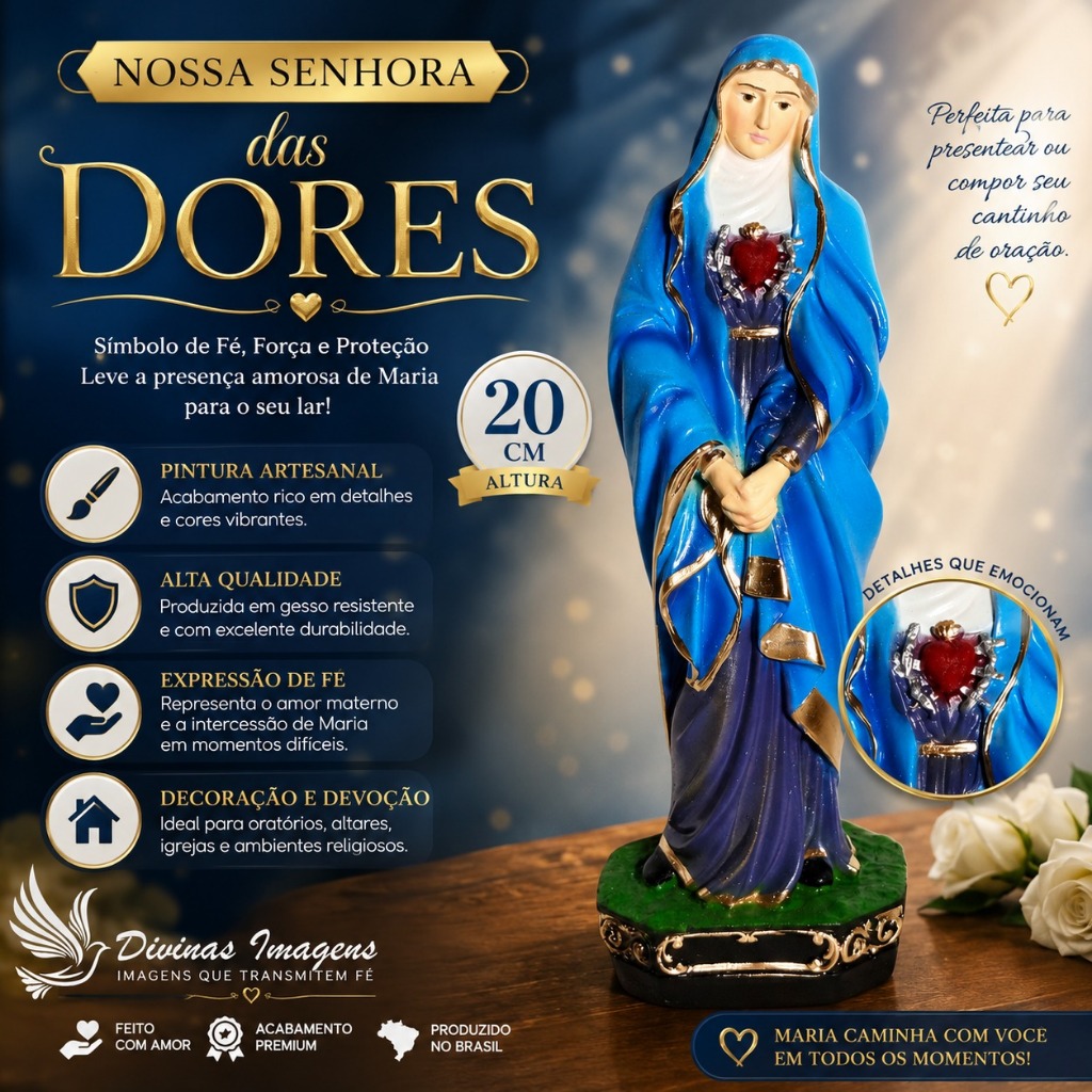 Imagem Nossa Senhora das Dores 20cm Gesso Pintado Artesanal Católica Decoração Presente Religioso