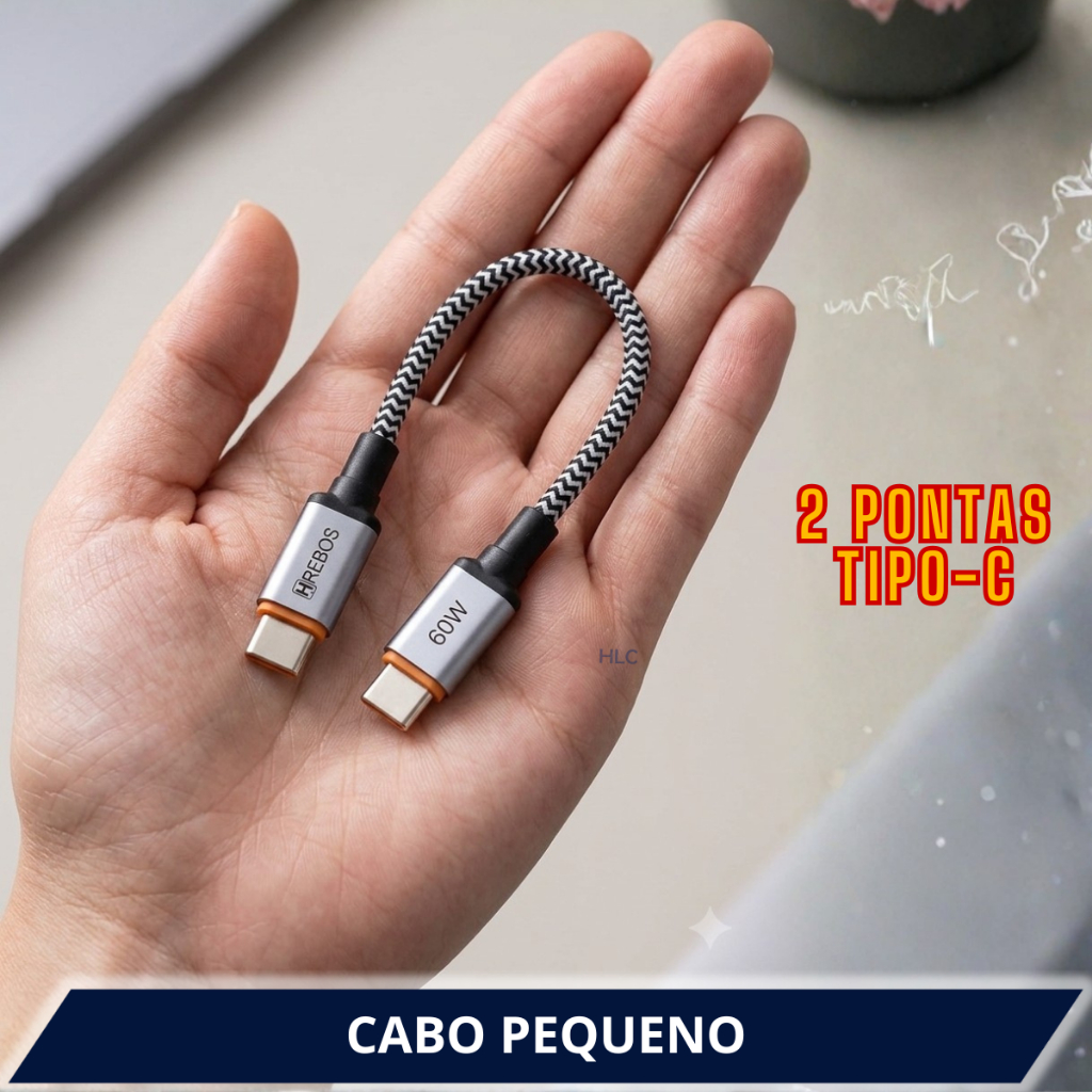 Cabo Curto Tipo C x Tipo-C Turbo C/ 20cm de 60W - Pequeno Celular Power Bank Carregador Rápido Nylon — imagem 2 de 2