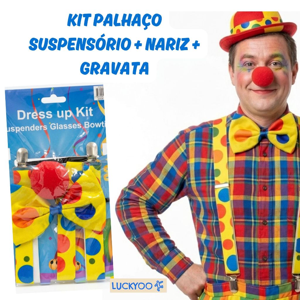 Acessórios Palhaço Suspensório + Nariz + Gravata Borboleta Divertido Colorido Festa Carnaval Aniversário Fantasia