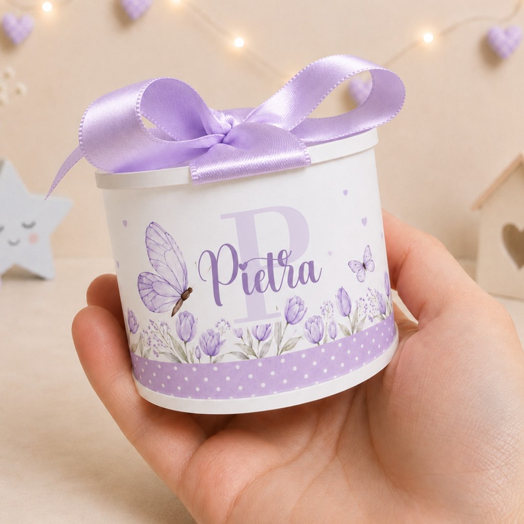KIT TUBOLATA PERSONALIZADA 5X6-FLORES E BORBOLETAS POÁ- VÁRIAS CORES-LEMBRANCINHAS-CHÁ DE BEBE-MATERNIDADE-ANIVERSÁRIO