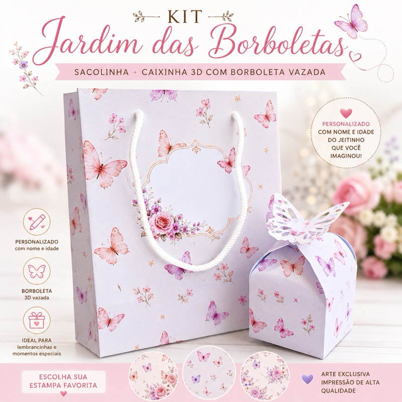 Kit Lembrancinha Jardim das Borboletas Personalizado | Sacolinha + Caixinha Borboleta 3D | Festa Infantil