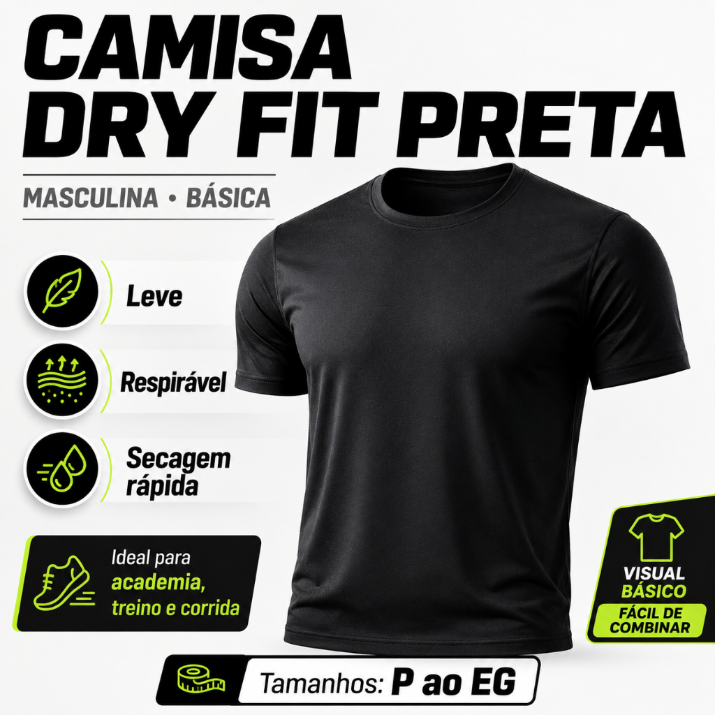 Camiseta Básica Masculina Dry Fit Lisa Tradicional Camisa UV+ Academia Treino Corrida