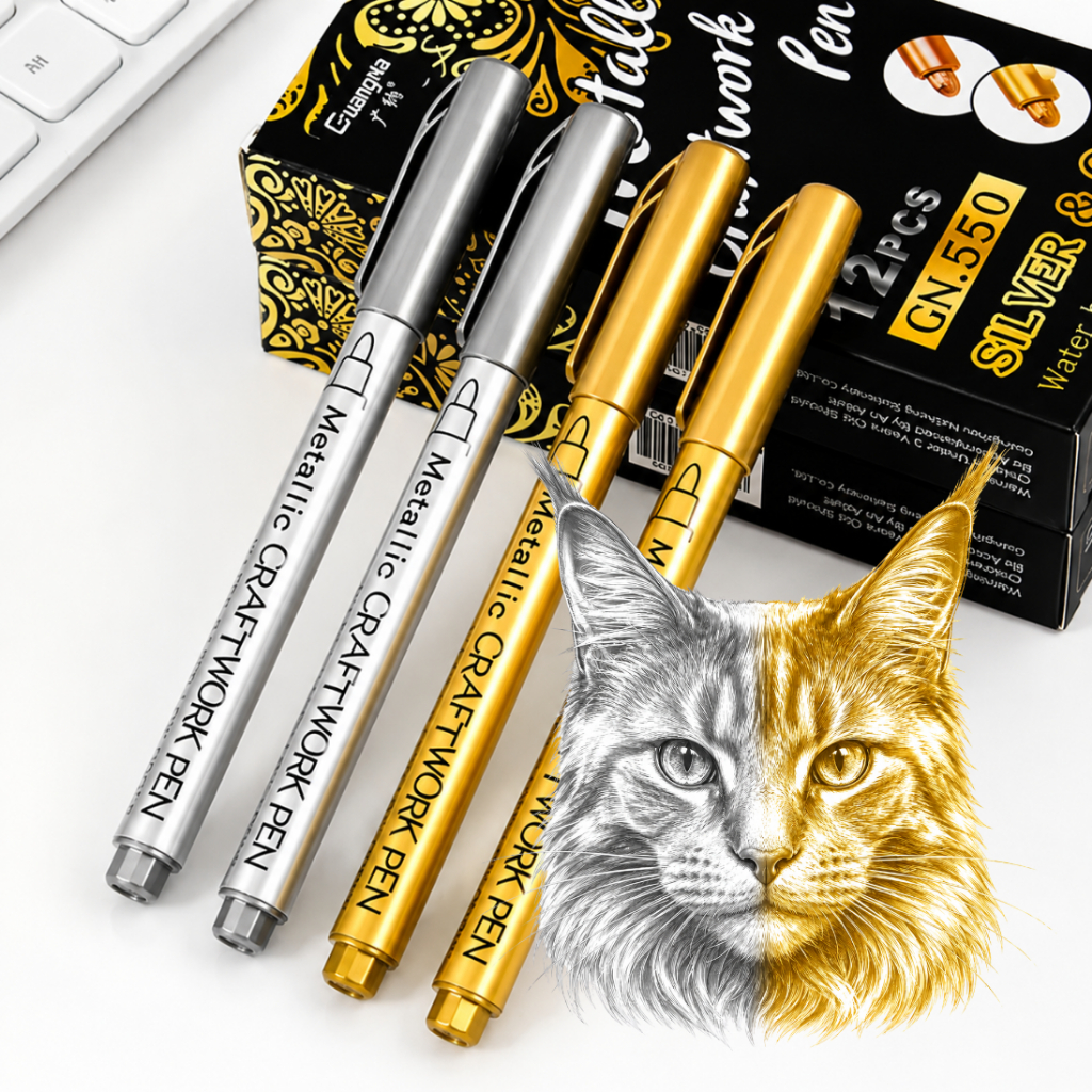 Caneta Metálica Dourada/Prateada 12 Peças Ponta Brush Pincel Marcador Permanente Tinta à Óleo