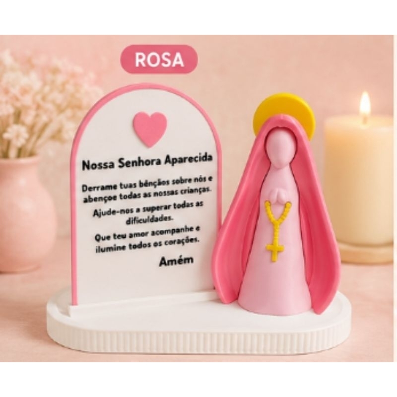 Kit Nossa Senhora Aparecida com Oração Decorativa em Impressão 3D – Enfeite Religioso para Mesa, Nicho e Escritório