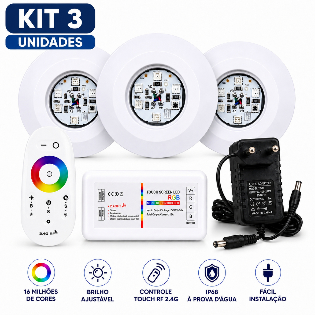 Kit 3 Luminárias LED para Piscina 9W RGB + Controlador + Controle Sem Fio + Fonte