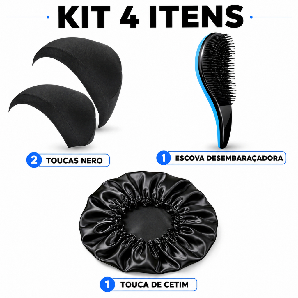 Kit Day After 4 Peças Touca de Cetim 2 Toucas Nero Wig Cap e Escova Mágica Desembaraçadora