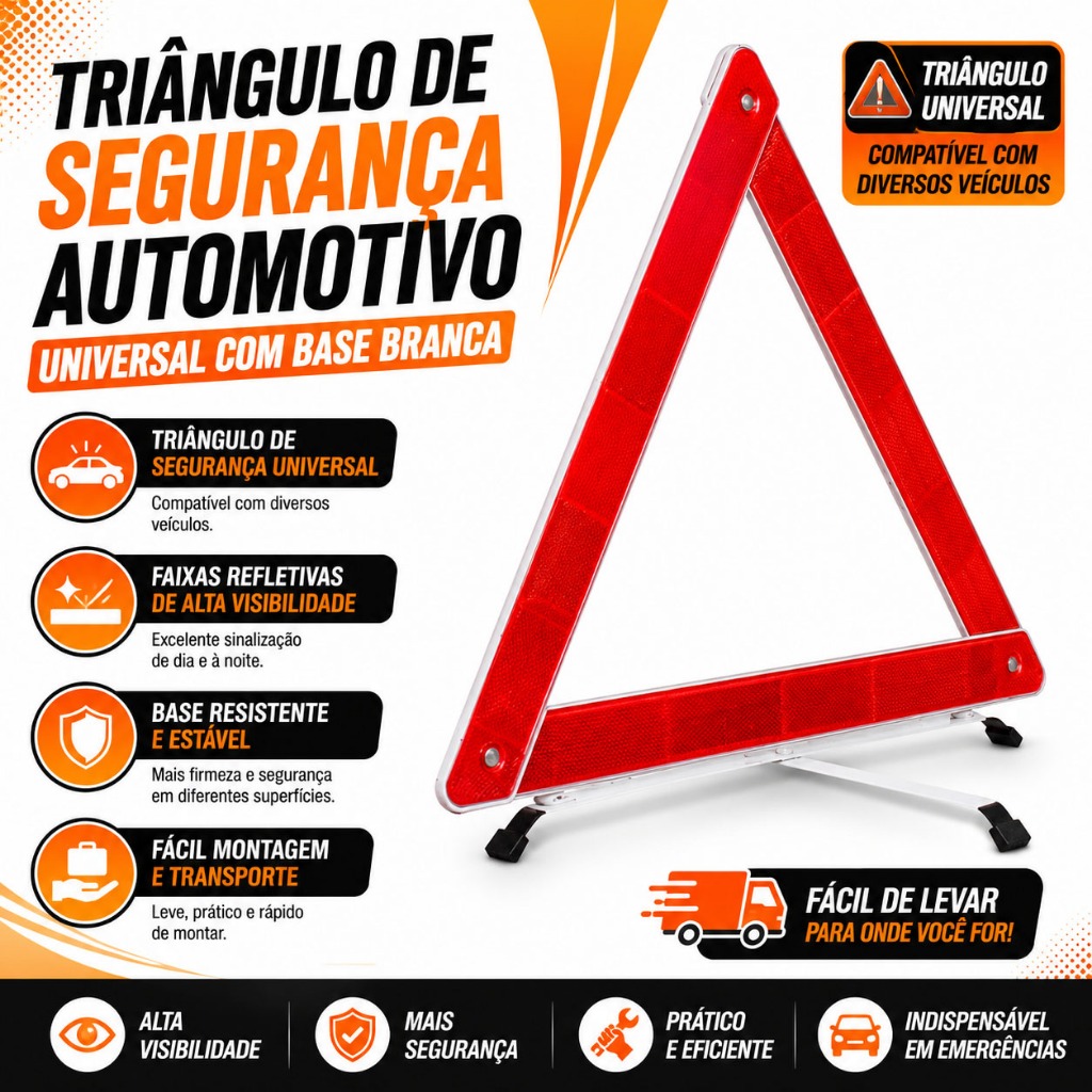 Triângulo de Segurança Automotivo Universal Refletivo Base Branca com Suporte Alta Visibilidade