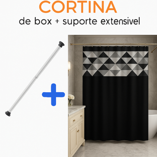 CORTINA DE BOX BANHEIRO+SUPORTE EXTENSÍVEL VARÃO ANTIMOFO ESTAMPADA LISA C VISOR PVC C GANCHOS ILHÓS