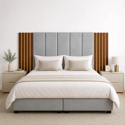 Kit Cabeceira Modular Decorativa com Painel Ripado Castanho MDF Para Cama Box Casal King Queen