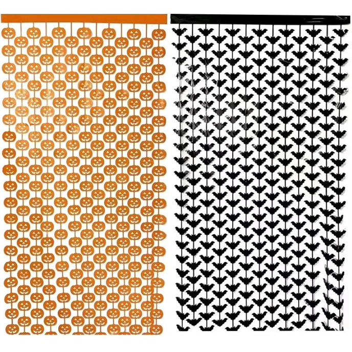 Cortina Metalizada Halloween 1x2m Decoração Festa Abóbora Caveira Morcego Listrada