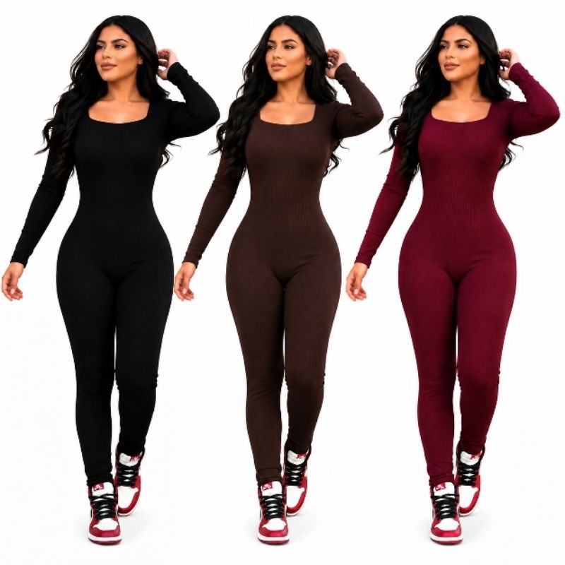 Macacão Feminino Canelado Manga Longa Justo Moda Inverno Casual Elegante Confortável Virginia