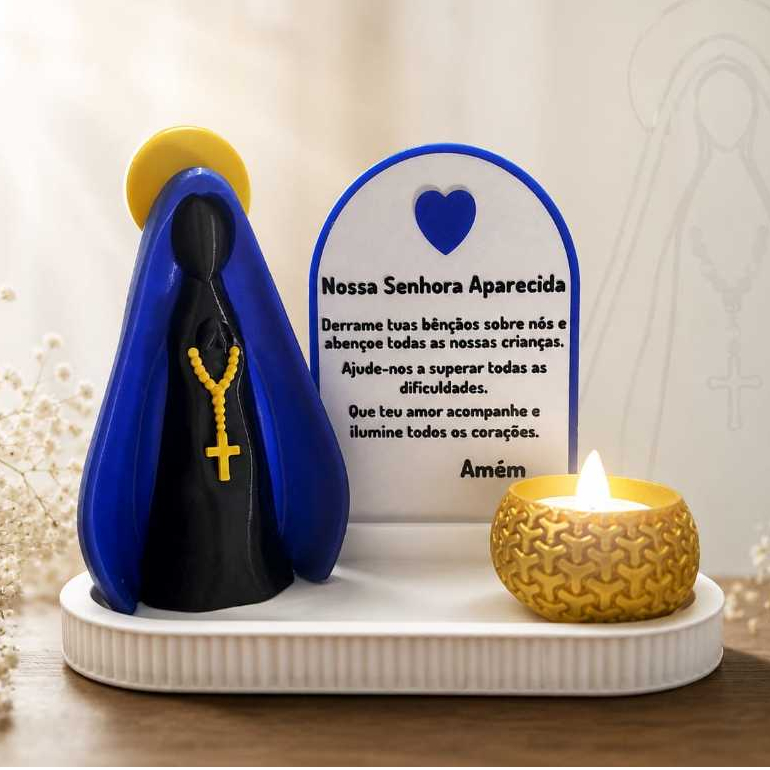 Kit Nossa Senhora Aparecida Decorativo com Vela LED + Placa,Decoração Religiosa Impressão 3D.