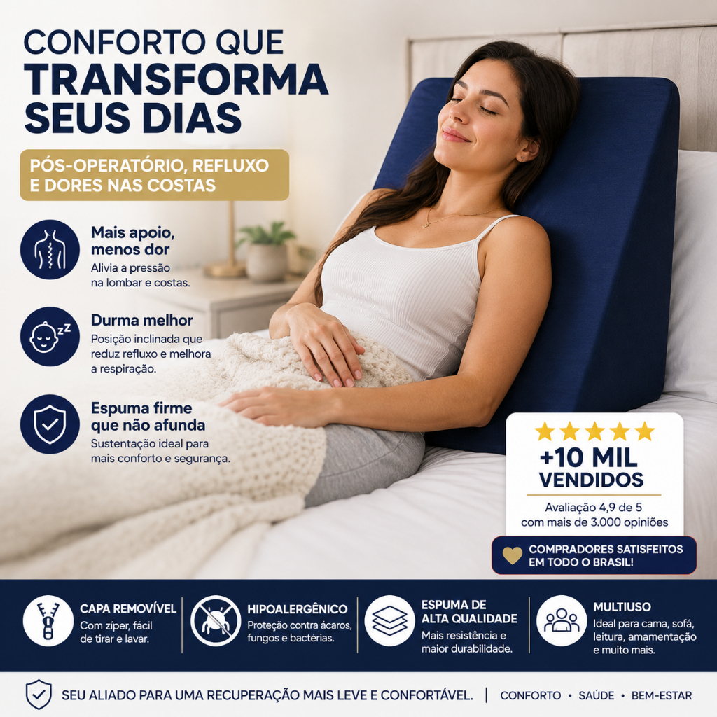 Travesseiro Encosto Triangular Para Repouso Leitura Pós Operatório Gestação Capa Com Zíper