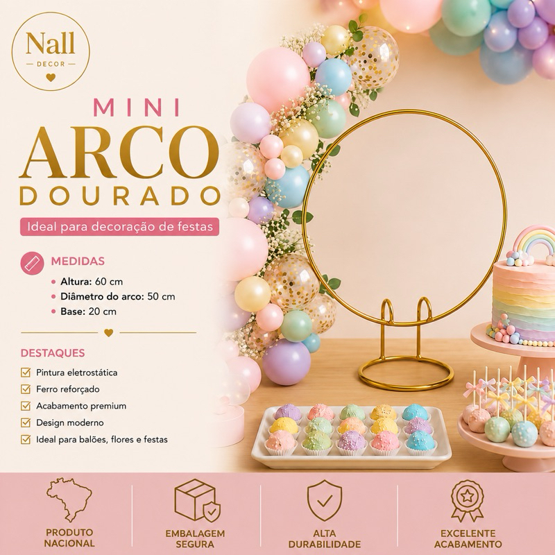 Mini Arco de Mesa Redondo 50CM em Ferro Dourado para Decoração de Festa