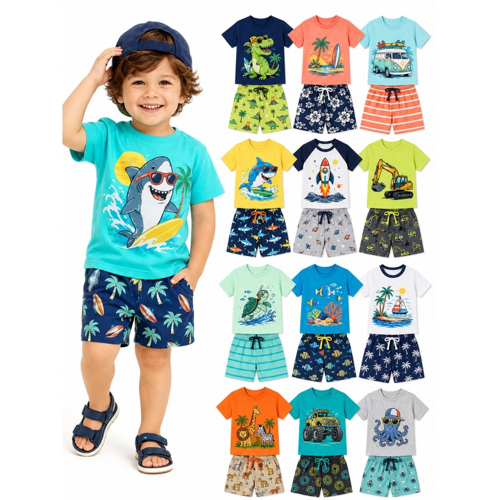 Kit 4 peças de Roupa Infantil Menino Verão - Kit 2 Conjuntos de Menino - Conjunto de Verão Masculino Sortidos
