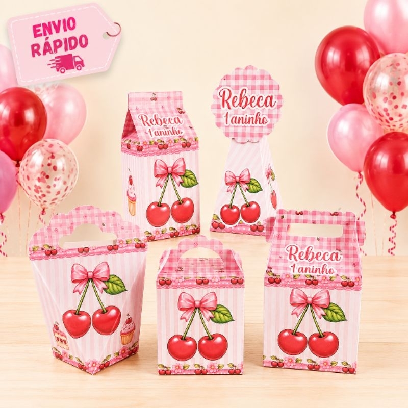 Kit Festa Caixinhas Personalizados Cereja / Cerejinha Menina Lembrancinhas Mimos para festa Aniversário infantil
