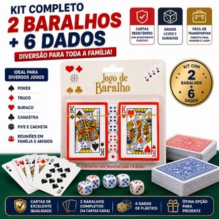Kit 2 Baralhos + 6 Dados Poker Truco Buraco Canastra Pife Cacheta Jogo de Cartas Completo Lazer Viagem