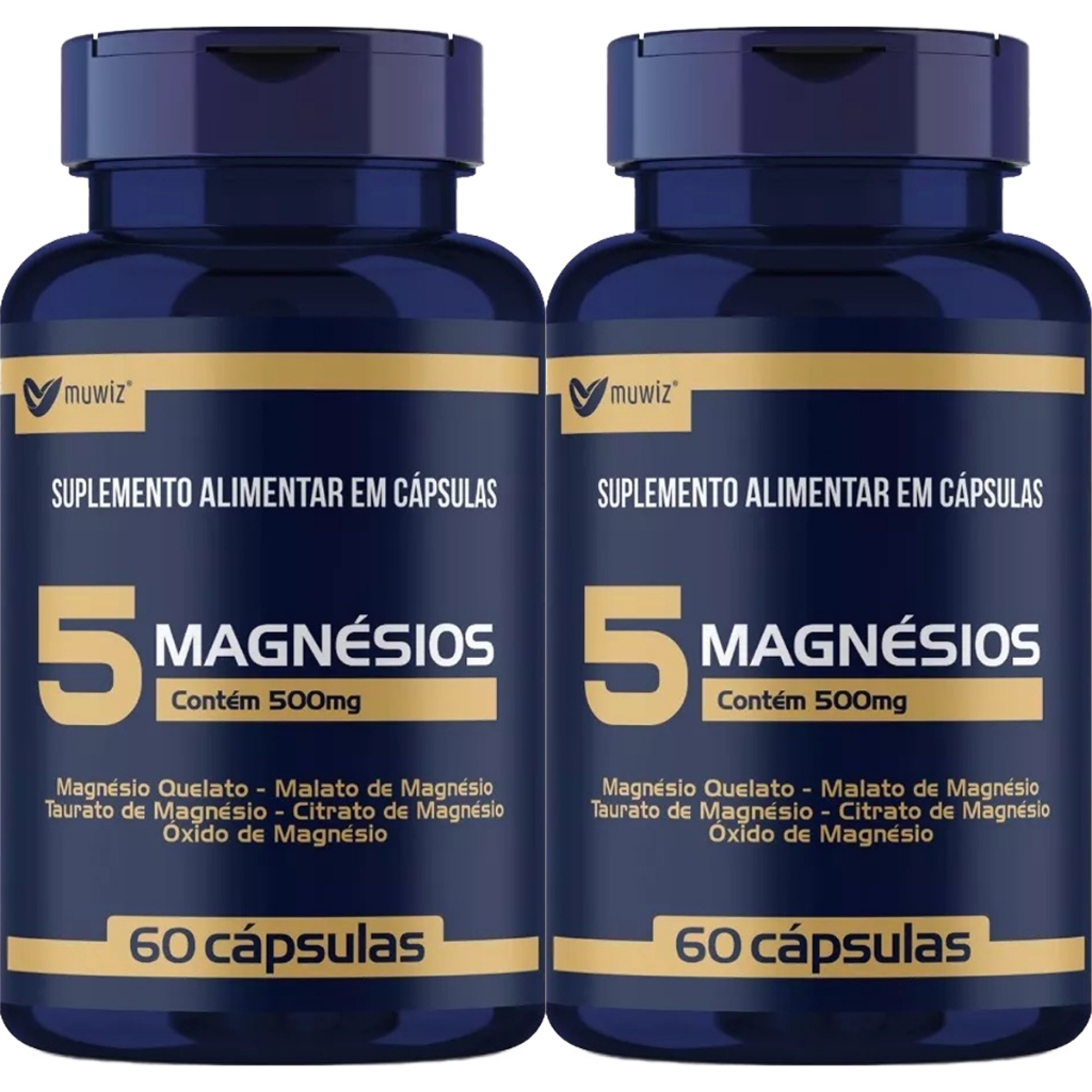 KIT 2x 5 Magnésios ( Quelato + Malato + Taurato + Citrato + Óxido ) 60 Cápsulas 500mg - Muwiz