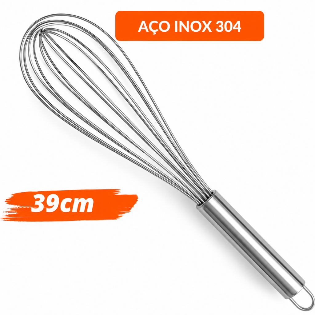 Batedor Manual Fouet Inox 39cm Profissional | Fouet Resistente Antiferrugem Cabo Ergonômico