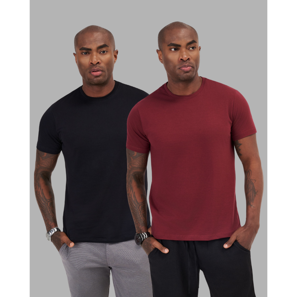 Kit 2 Camisetas Algodão Egípcio Premium - Masculina Slim Lisa Básica Combo 2 Unidades Não Desbota - Preto/Vinho