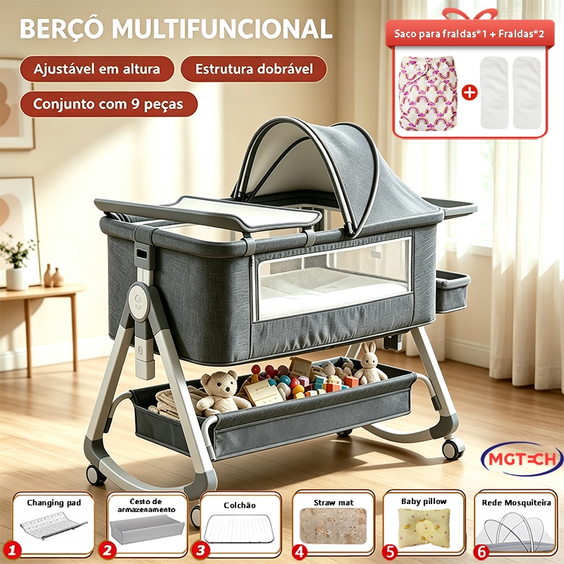Berço Portátil Moises Co-bed de Regulagem de Altura Com Balanço Mosquiteiro e Cesto