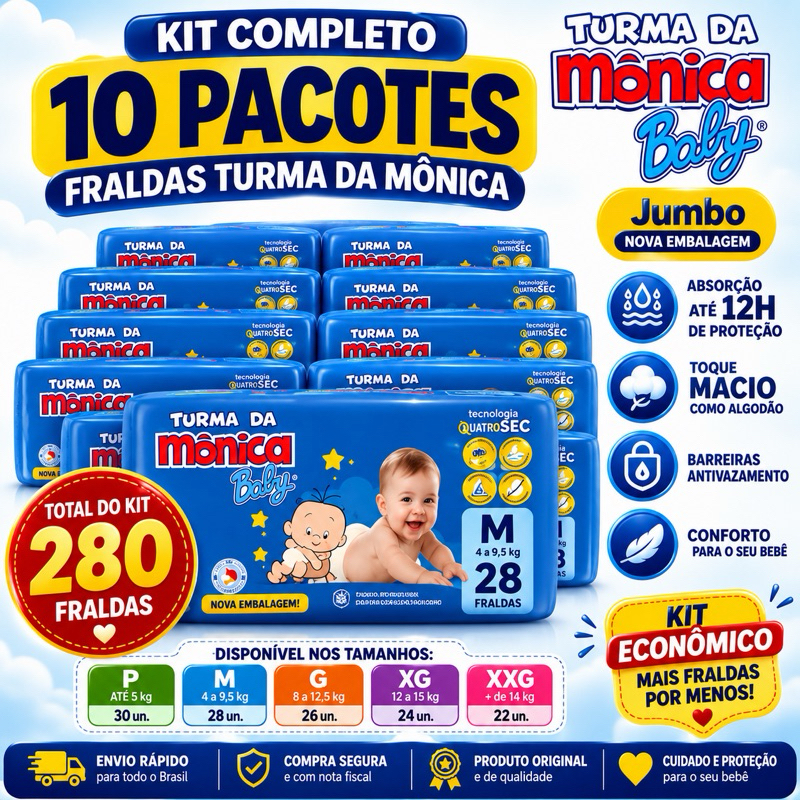 Kit 10 Pacotes de Fralda Turma da Mônica + Lenço Umedecido + Sabonete Infantil + Pomada