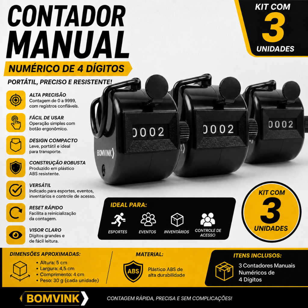 Kit 3 Contadores Manuais Numéricos 4 Dígitos | Contador de Pessoas, Eventos, Estoque e Inventário