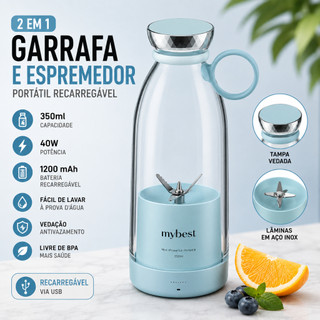 Garrafa Liquidificador Portátil 350ml Recarregável USB 2 em 1 Mini Mixer Espremedor Azul Claro