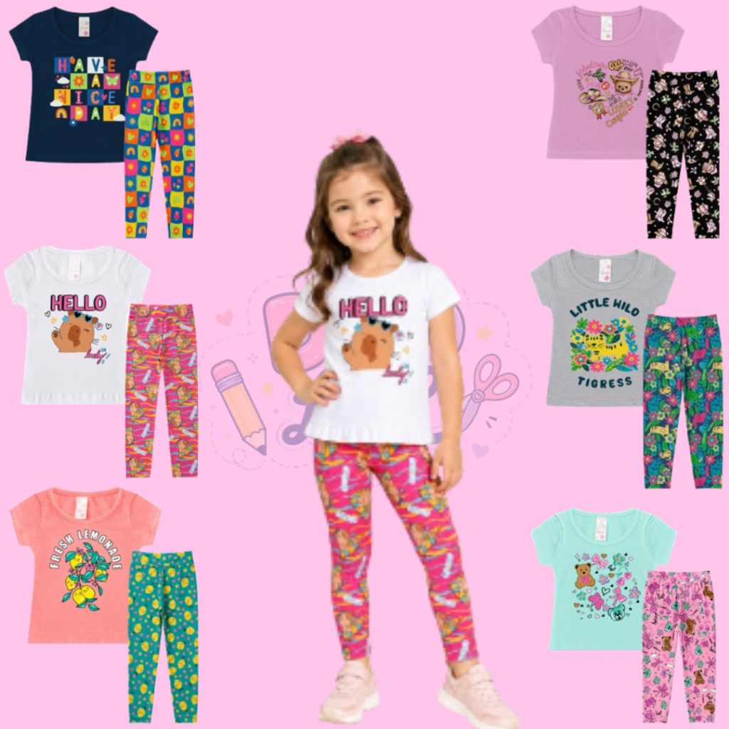 Kit 3 Conjuntos Infantil Feminino Blusa Baby Look Estampada + Legging 1 ao 8 Estampa Sortida