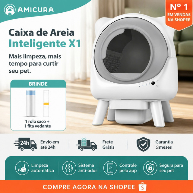 Caixa de Areia Automática Autolimpante Inteligente | App no Celular | Sensor de Segurança | Anti-Odor | Vários Gatos