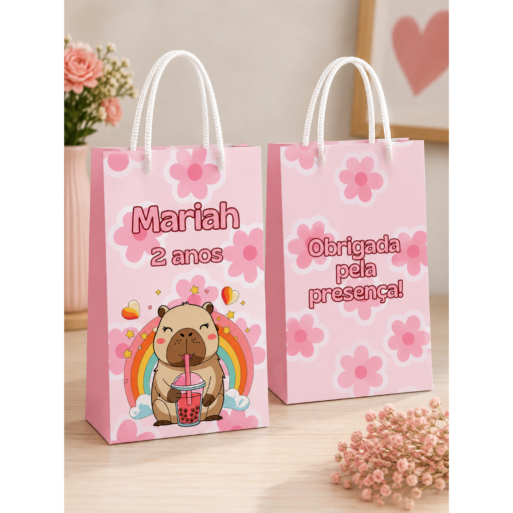 Sacolinha Capivara Rosa | Sacolinha Personalizada para Festa | Lembrancinha Infantil | Sacolinha Surpresa | Envio Rápido