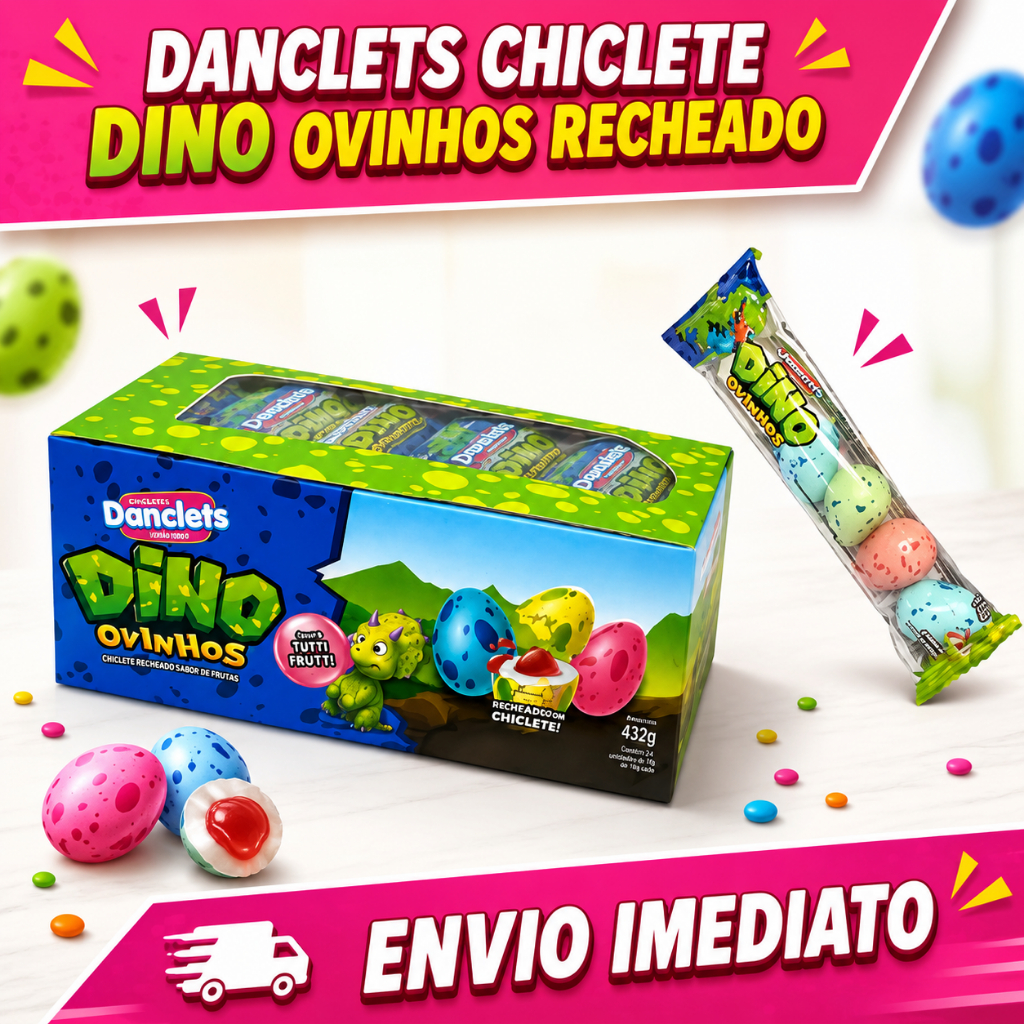 Chiclete Divertido Dino Ovinhos Danclets Sabor Tutti Frutti com Recheio Caixa 24 Unidades 432g