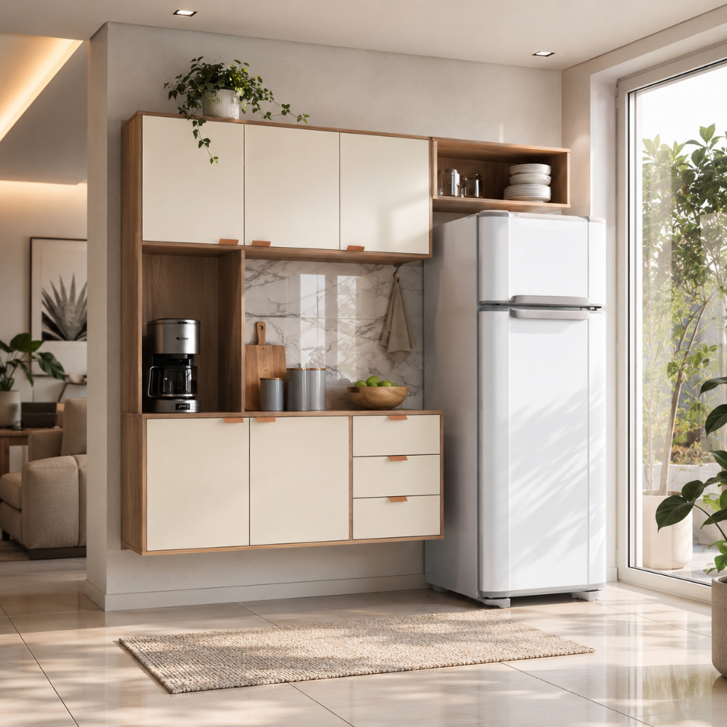 Armário Suspenso Cozinha Compacta Completa com 5 Portas e 3 Gavetas Mod: Callas Off White e Cinza Industrial Cobre