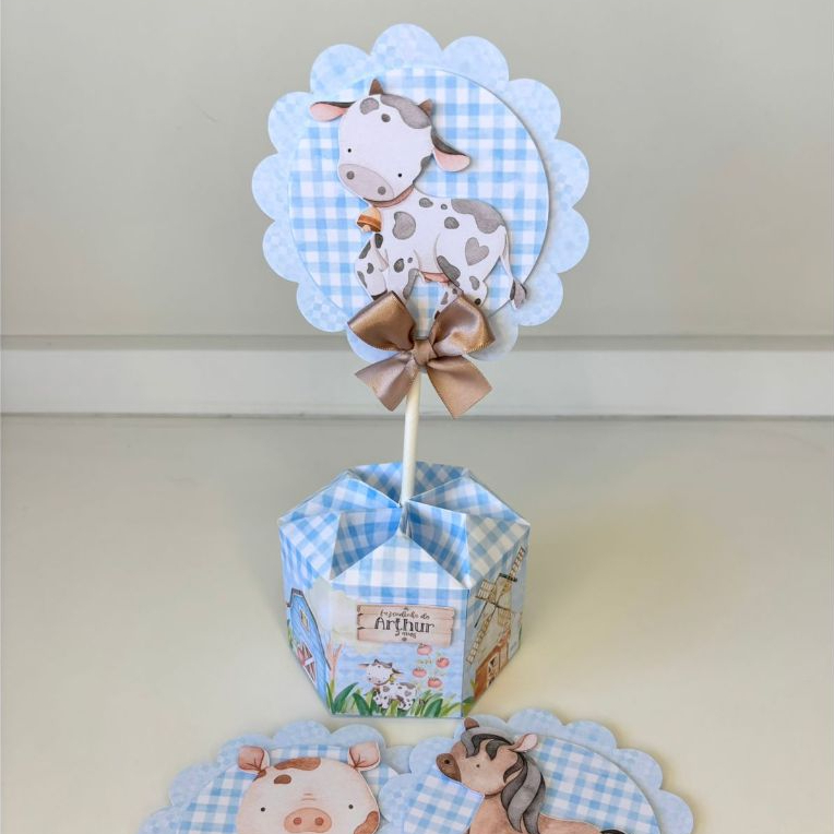 Kit de Centro de mesa Fazendinha Azul Menino Personalizado | Arranjo Enfeite Cachepô | Lembrancinha