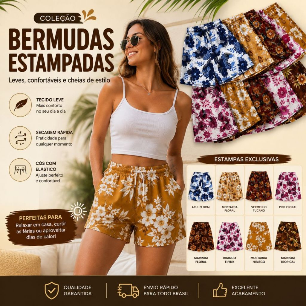 Bermuda Feminina Estampada Casual Esportiva Academia Dia a Dia