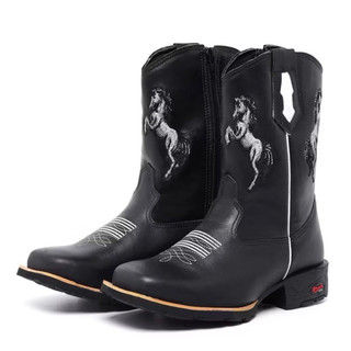 Bota Texana Infantil Masculina em Couro Legítimo | Country | Bico Quadrado | Cano Alto Bordado | Confortável