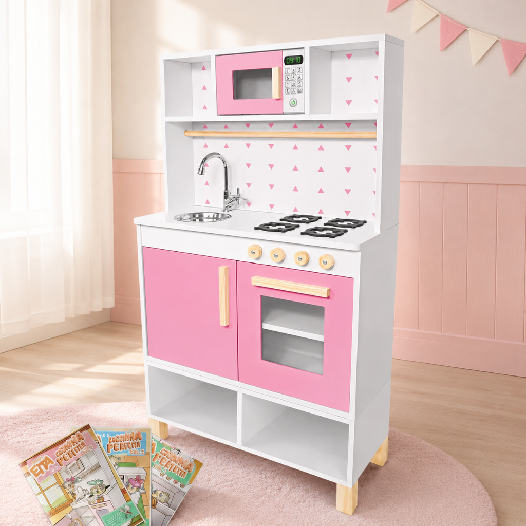 Cozinha Infantil em Madeira Rosa Pia Fogão Microondas Faz de Conta Montessori Kit Livro Educativo