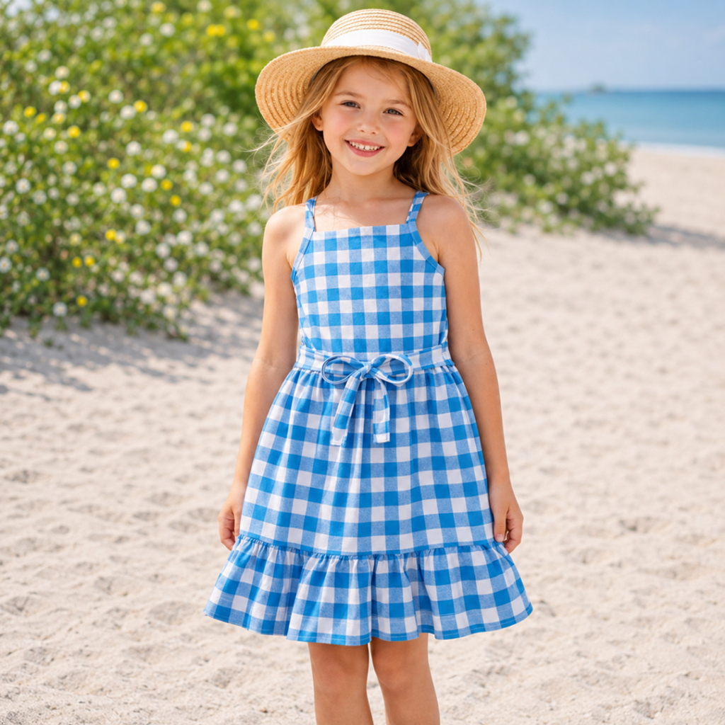 Vestido Infantil com Alça Estampa Xadrez Babado na barra e faixa para Amarração na Cintura