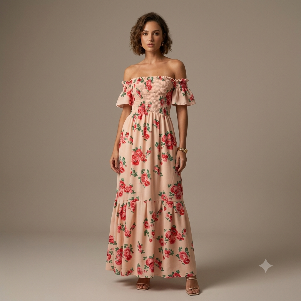 Vestido Feminino Longo Confortável Elegante Ombro A Ombro Ciganinha Moda Gestante Grávida Versátil Soltinho