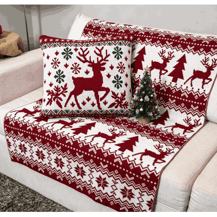 Kit Decorativo Manta Natal Tricô + Capa Rena Aconchegante Sofá 40095