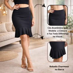 Saia Feminina Com Babado Na Barra Cintura Modeladora Cós anatômico