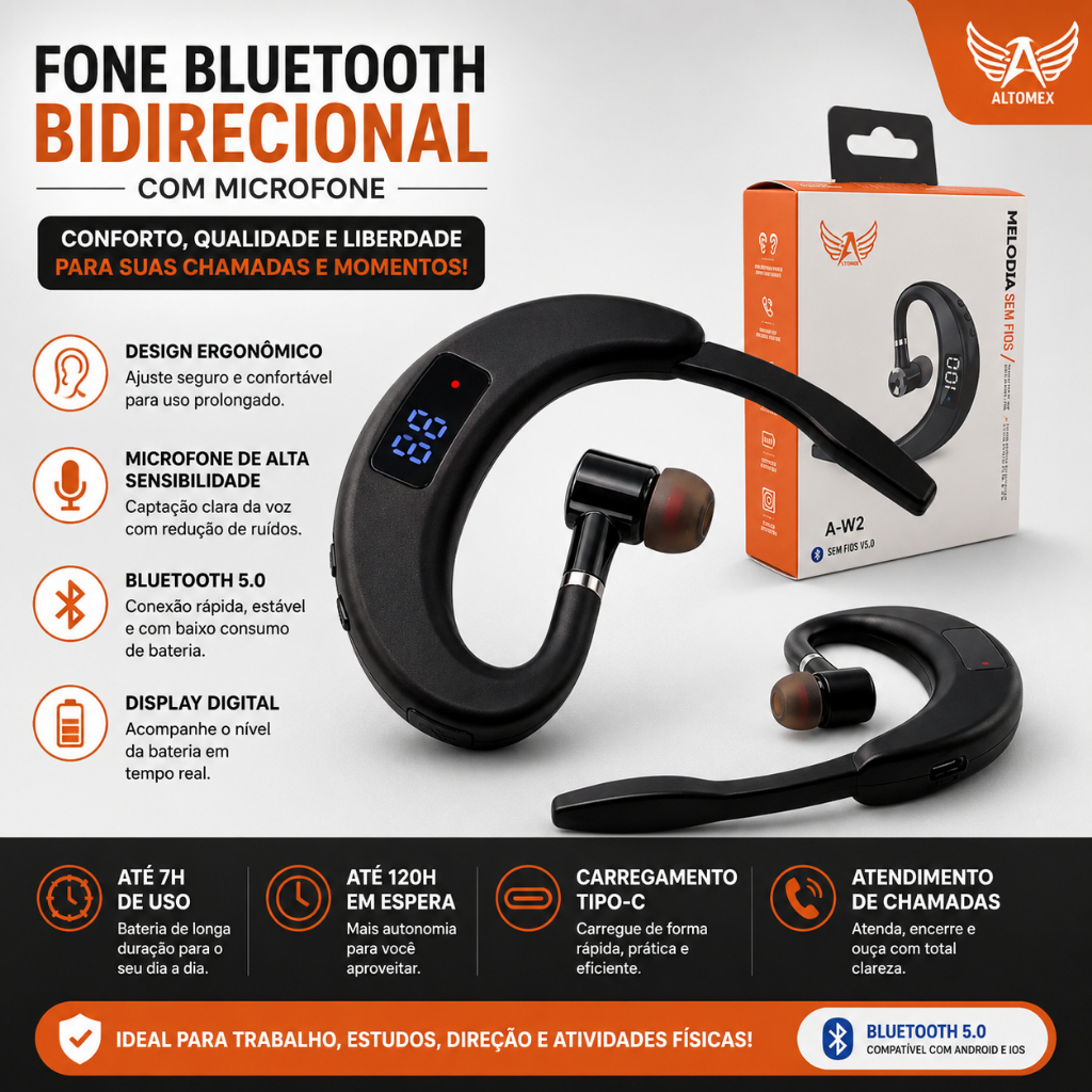 Fone de Ouvido Bluetooth Bidirecional com Microfone Display Digital Bluetooth 5.0 Gancho de Orelha Altomex A-W2
