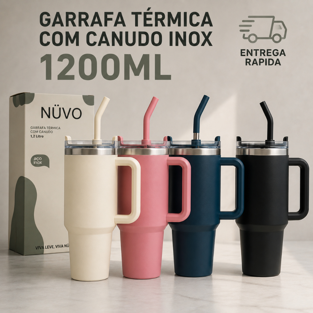 Copo Térmico Inox Portátil 1200ml/1.2l Garrafa Térmica Inoxidável C/ Tampa e Canudo