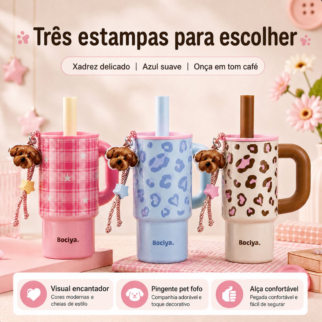 Copo Térmico Bociya 700ml Alça Grande,Aço Inox 316,Pingente Cachorro Fofo,Estampas Variadas, Conserva Temperatura