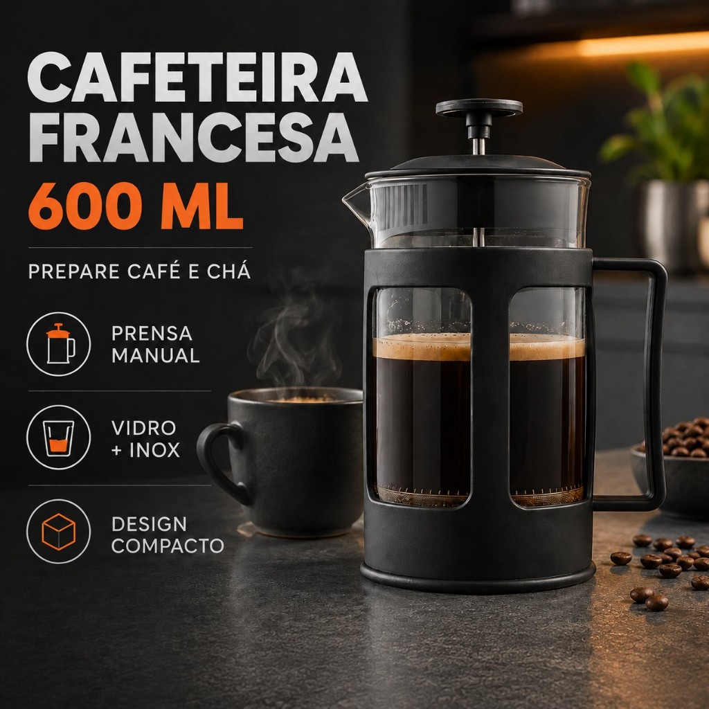 Cafeteira Francesa Prensa Manual 600ml Preta Vidro e Inox